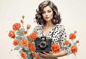 Wall Mural - Portrait of attractive woman with vintage film camera of 50s with polka dot pattern. Retro styled photo of young female photographer