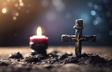 Wall Mural - Christian cross made of charcoal dust with candlelight