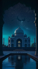 A mosque in the night with the moon and stars. Blue Night Sky Islamic Ramadan Mosque Background