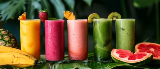 Sticker - A variety of delicious and colorful smoothies with fresh fruits and banana on a wooden table