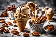 a scoop of caramel pecan praline ice cream in a cone, drizzled with caramel sauce and sprinkled with toasted pecans, offering a sweet and nutty summer indulgence