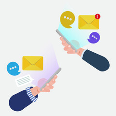Poster - Hand holding smartphone with email, messenger, icons and emoji. Mobile smartphone with mail app concept. Email sender and receiver holding a mobile phone. Vector.