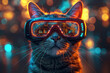 cat wearing virtual reality glasses in futuristic setting, retro-futuristic cyberpunk, neon, red, blue,