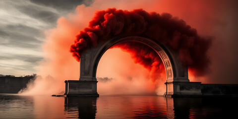 Wall Mural - Photograph capturing the graceful arch of vermilion smoke against a canvas of charcoal black.