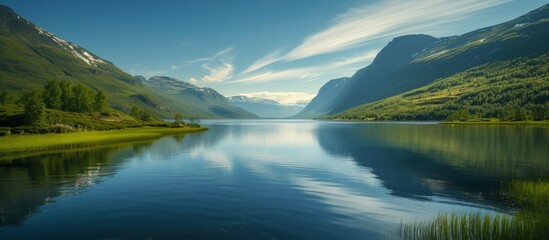 Poster - Tranquil lake with majestic mountain in the background, serene nature landscape view