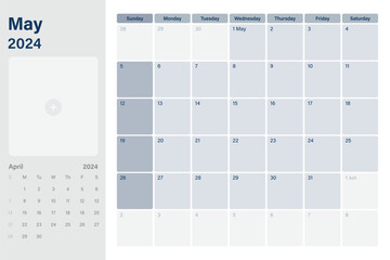 Wall Mural - may 2024 calendar desk planner with space for your picture, weeks start on sunday, simple white and 