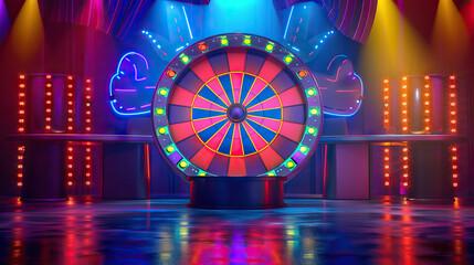 Wall Mural - Colorful Game Show Wheel with Contestant Stands and Host Desk. Concept of Spinning Wheel, Prizes, and Entertainment