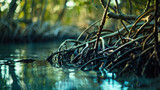 Fototapeta  - Detailed Shot of Mangrove Roots in the Florida Everglades, Displaying Root Structures. Concept of wetland ecosystems, mangrove forests, and coastal habitats