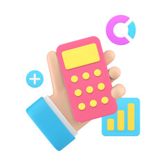 Poster - Financial analyzing business man hand holding calculator with chart diagram 3d icon realistic vector