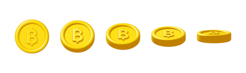 Wall Mural - 3d gold bitcoin or thai baht coins rotate isolated on white background. Design element illustration PNG.