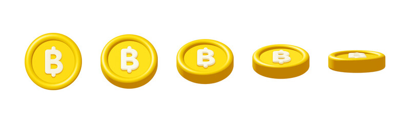 Wall Mural - 3d gold bitcoin or thai baht coins rotate isolated on white background. Design element illustration PNG.