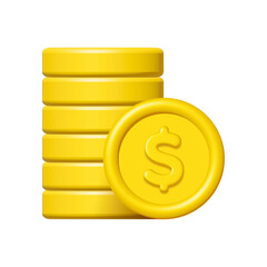 Wall Mural - 3d stack of gold dollar coins isolated on white background. Design element illustration PNG.