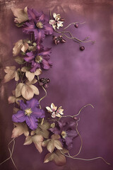 Wall Mural - Beautiful vertical botanical background with vines clematis flowers and space for text, floral backdrop in purple and golden colors with copy space on grunge texture, top view, blank space