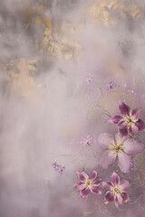 Wall Mural - Beautiful vertical floral grunge grey background with violet flowers with place for text, botanical backdrop in neutral tones with copy space, top view, blank space