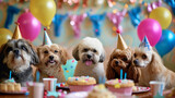Fototapeta  - Funny dog wearing pary hat, birthday celebration card. Happy pets. Generative AI