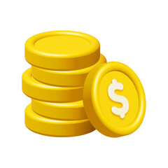 Wall Mural - 3d stack of gold dollar coins isolated on white background. Design element illustration PNG.