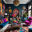 realm of modern maximalism with this eclectic living room interior, where every corner tells a vibrant story of personality and style.