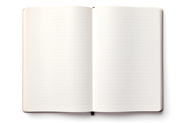 Blank opened notebook mock up top view isolated on white background