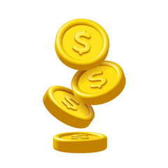 Wall Mural - 3d falling gold dollar coins isolated on white background. Design element illustration PNG.