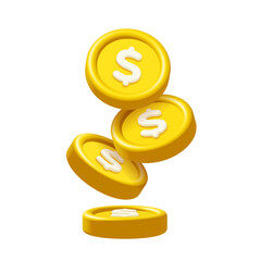 Wall Mural - 3d falling gold dollar coins isolated on white background. design element illustration png.