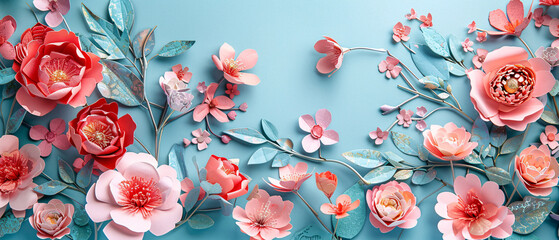 Wall Mural - Paper art and pink roses.