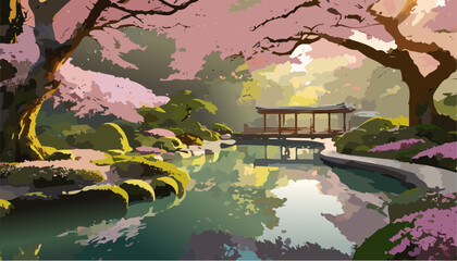 Wall Mural - Japanese garden with cherry blossoms and lake