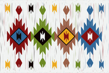 Wall Mural - Ethnic fabric pattern, green, red, yellow, blue, on white background, geometric design for textiles and clothing, blankets, rugs, blankets, vector illustration.