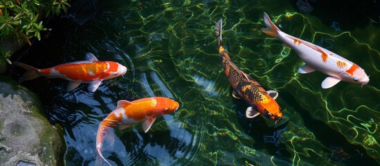 Wall Mural - A Beautiful School of Colorful Fish Swimming Gracefully in a Tranquil Pond