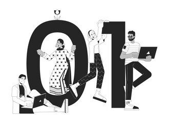 Poster - binary code black and white 2d illustration concept. programming specialists. developers team at wor