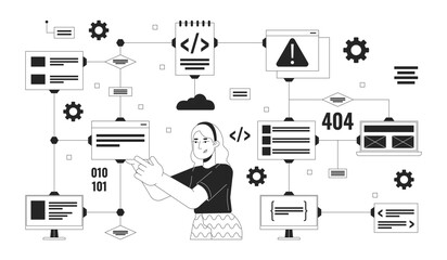 Poster - computer network black and white 2d illustration concept. software engineer working with digital dat