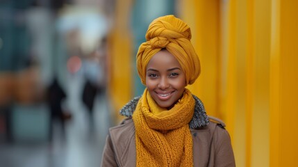Wall Mural - a smiling woman wearing a yellow hijab around her head and neck against a yellow background. She is wearing a brown garment that can be seen at the bottom of the frame.