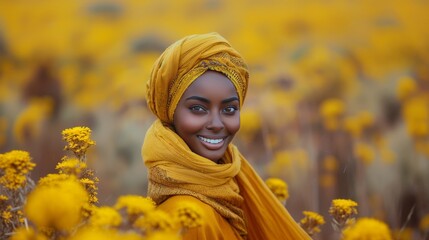 Wall Mural - a smiling woman wearing a yellow hijab around her head and neck against a yellow background. She is wearing a brown garment that can be seen at the bottom of the frame.