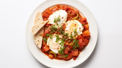 Wall Mural - Sautéed peppers, tomato sauce, ricotta cheese, and poached eggs arranged in a shakshuka presentation on a white round plate against a white backdrop, captured in a top-down view