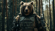 A conceptual portrayal of a bear equipped with a modern camouflage tactical vest, merging wildlife with military imagery.