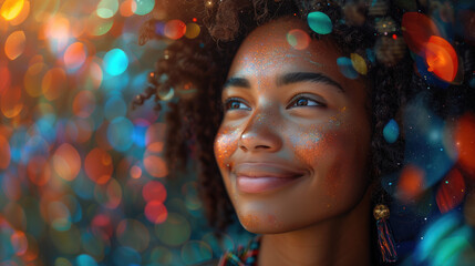 Wall Mural - beautiful black woman smiling with bokeh blurred background