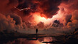 Man looking at red clouds