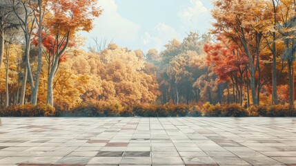 Wall Mural - Empty square floor and colorful forest natural landscape in autumn season.