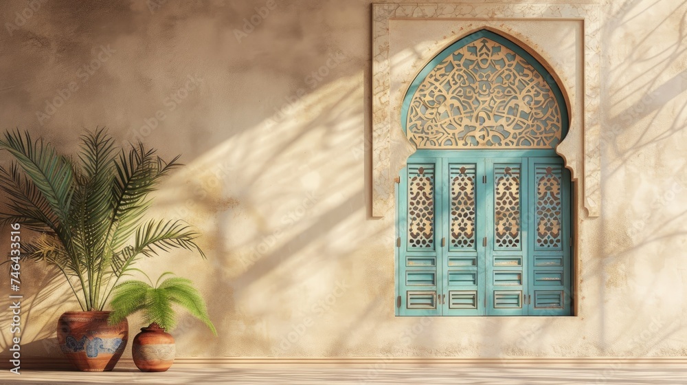 Details of Arabic architecture. Serene 3D scene of an open window with ...