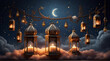 Decorated Arabic lanterns with burning candles floating above the clouds with a crescent moon and stars in the background, realistic. generative.ai