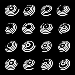 Canvas Print - Set of Rotaiing Design Elements. Abstract White Whirl Icons on Black Background.