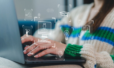 Wall Mural - human use laptop technology internet learning and study online class technology network, e-learning,