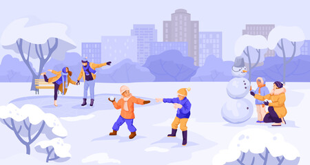 Wall Mural - Winter holiday game, funny activity, kid play snowballs, girl make snowman, lovely couple ice skating. Street urban panorama. Recreation in public park. Christmas landscape. Vector illustration