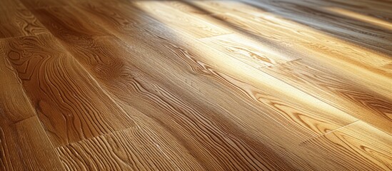 Wall Mural - Close up of a beautiful hardwood floor with sunlight shining through the brown wood plank pattern, showcasing the rich wood stain and varnish finish.