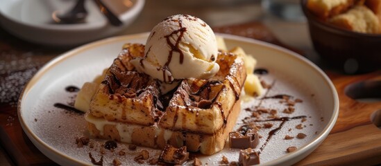 Canvas Print - A plate is filled with golden waffles topped with a scoop of creamy vanilla ice cream, creating a sweet and decadent treat.