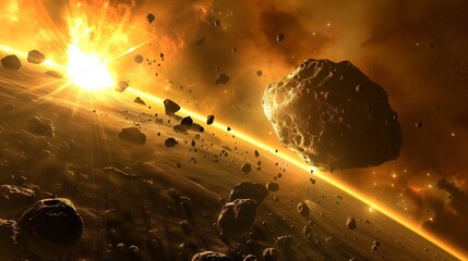 Wall Mural - many asteroids are in distant orbits, looking photorealistic.
