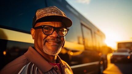 Canvas Print - Portrait of seasoned tour bus driver in 50s beside coach bus ready for scenic tour golden sunset