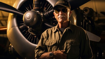 Canvas Print - Portrait of senior pilot in 60s wearing aviator sunglasses beside vintage propeller plane