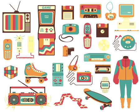 Vector illustration in 90s style. A large selection of items reflecting the spirit of the 90s, in retro colors. 