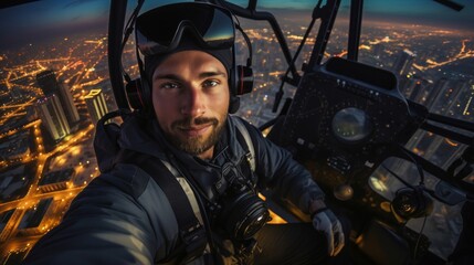 Poster - Photographer suspended from helicopter captures cityscape at twilight