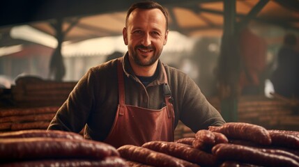 Poster - Master sausage maker skillfully fills natural casings with ground meat